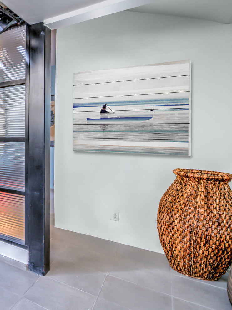 "Canoe on Calm Lake" Print on White Wood, 45"x30"