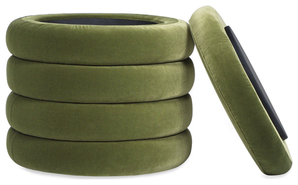 Fuji 19" Oversized Horizontal Tufted Round Storage Ottoman, Olive Green Performance Velvet