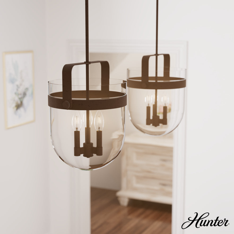 Karloff Textured Rust, Clear Glass 3 Light Pendant Ceiling Light