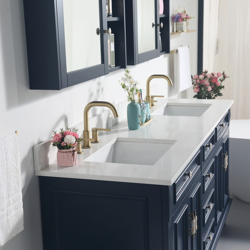 Solid Wood Bathroom Vanity with Quartz Top and cUPC Certified Sink, Navy Blue, 72 Inch
