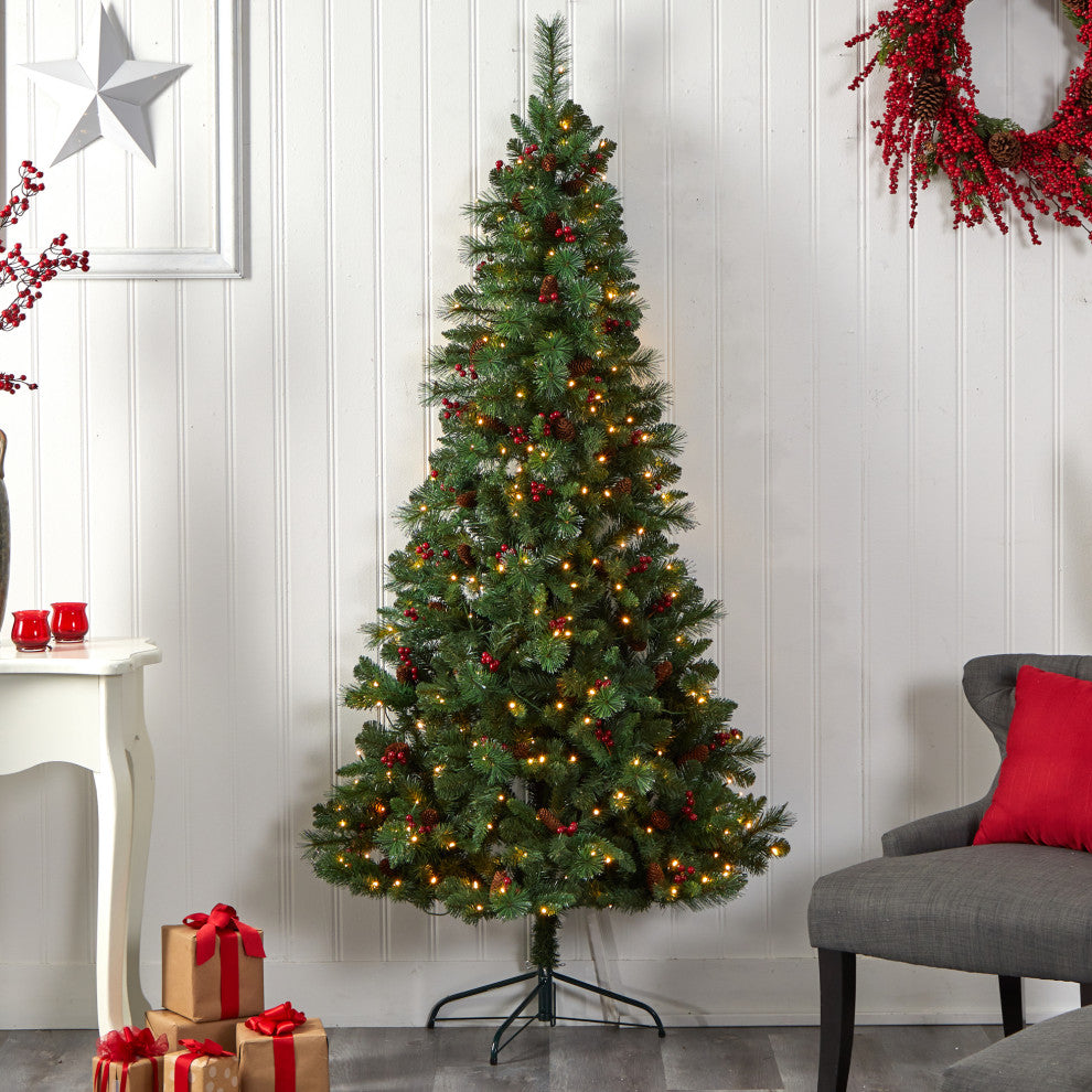 7' Flat Back Montreal Mountain Pine Faux Xmas Tree W/ Pinecones, Berries, Lights