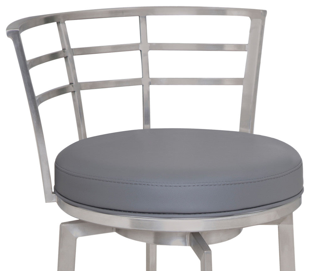 Wendell 26" Swivel Counterstool, Brushed Stainless Steel With Gray Faux Leather