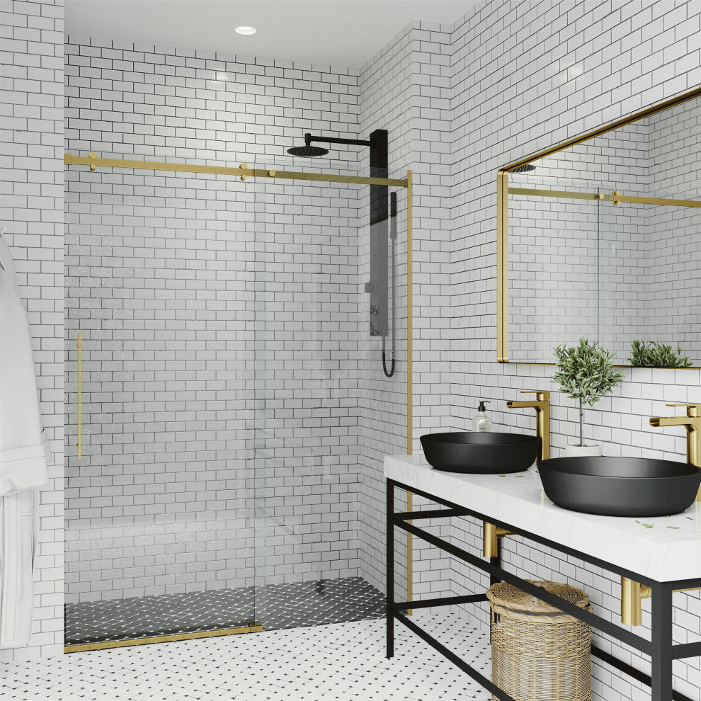 VIGO Luca 56" to 60" W x 79" H Frameless Sliding Shower Door, Matte Brushed Gold, Clear Glass