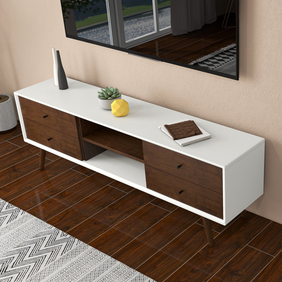 Noak Mid-Century Modern Solid Wood TV Stand With 6 Storage Cabinet, White