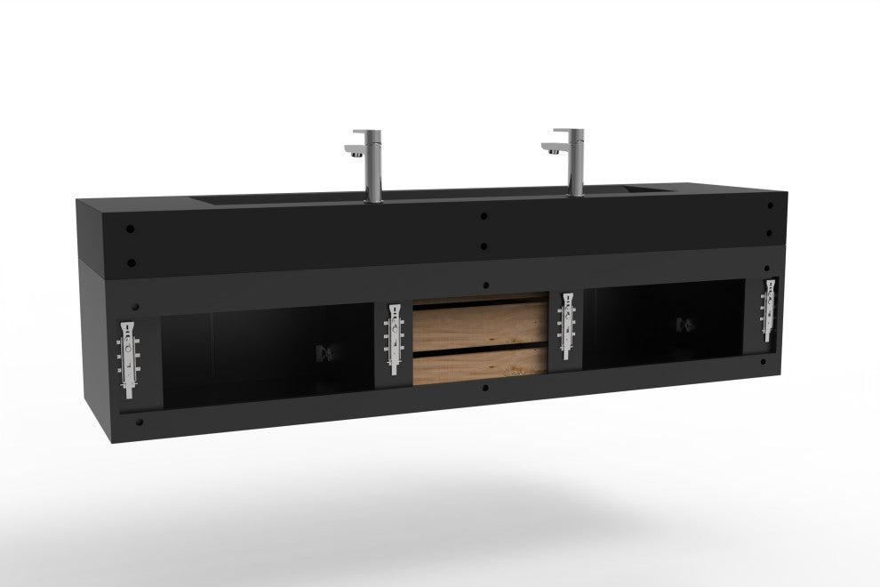 CastelloUSA Nile 72" Wall Mounted Vanity Set, Black, Black Top, Black Handles