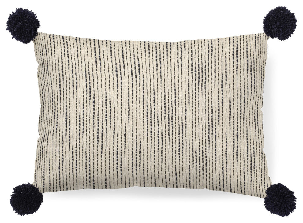 Beige and Midnight Pom Pom Lumbar Accent Pillow Cover