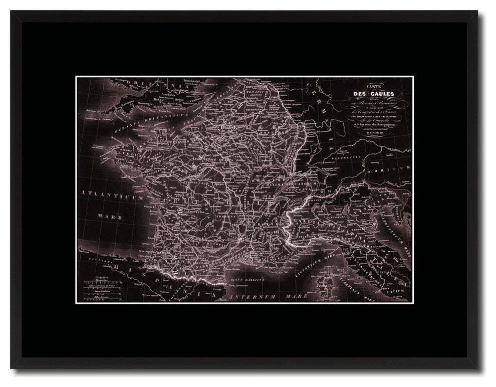 France Vivid Sepia Map Print On Canvas With Black Custom Frame, 16" X 21"