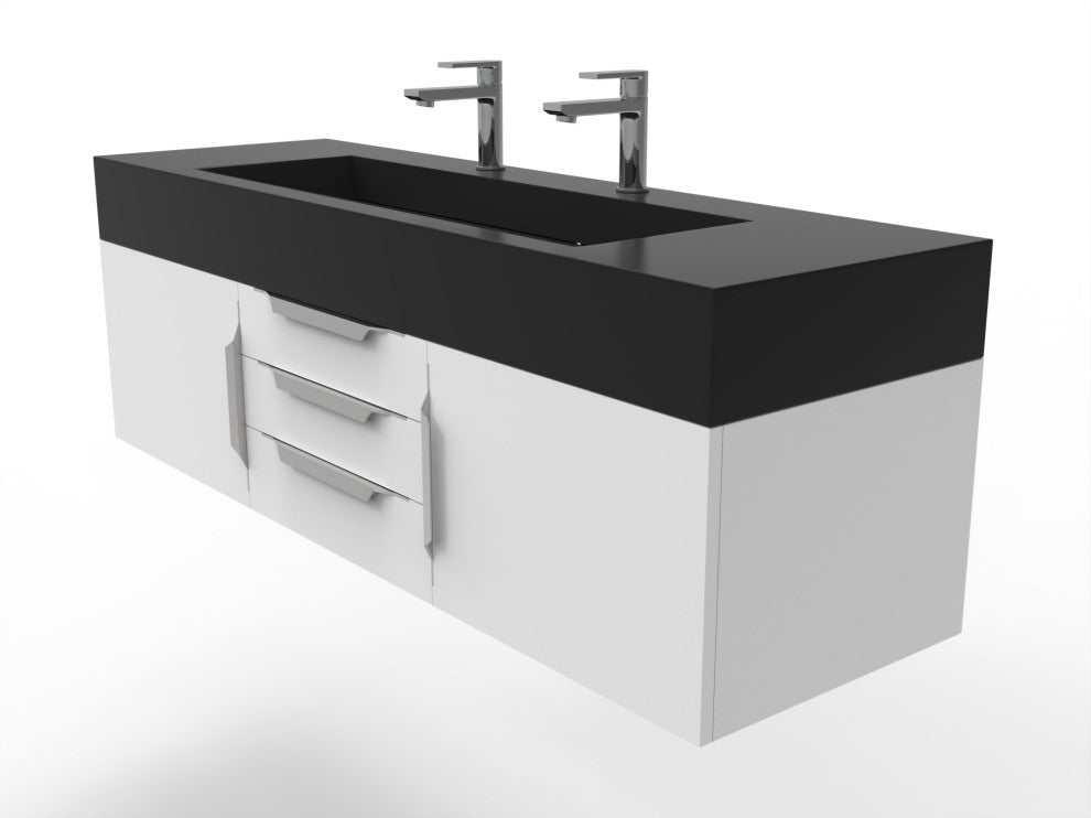 CastelloUSA Nile 60" Wall Mounted Vanity Set, White, Black Top, Chrome Handles