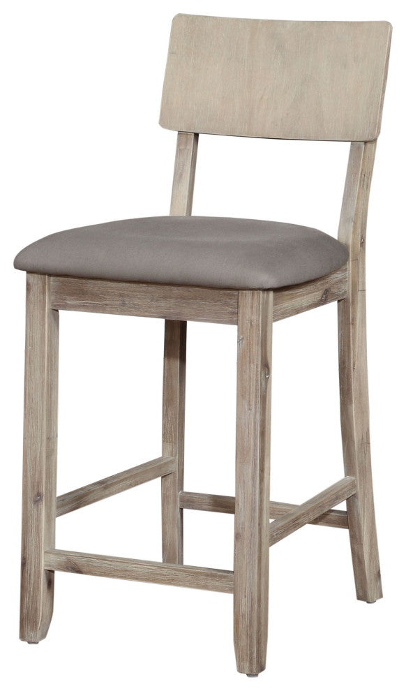 Benzara Washed Wooden Counter Stool with Curved Backrest and Padded Seat, Gray