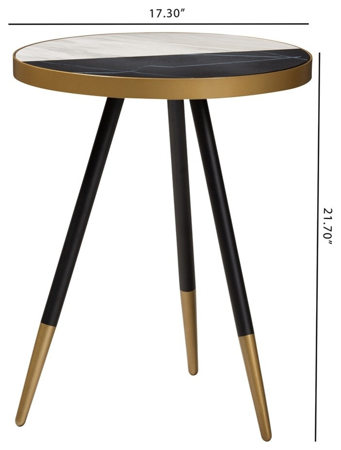 Lauro Modern Round Glossy Marble Metal End Table with Two-Tone Black Gold Legs