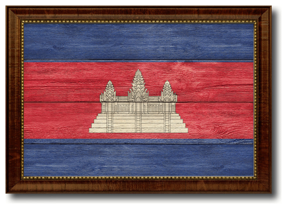Cambodia Country Textured Flag Print With Brown Gold Frame, 23"X33"