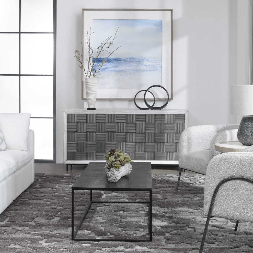 Retro Modern Gray Barrel Back Accent Chair Iron Frame Textured Fabric Scandi