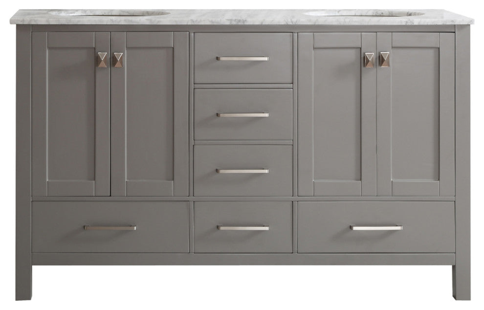 60" Double Vanity in Grey with Carrara White Marble Countertop Without Mirror