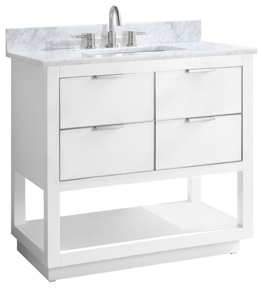Allie 37" Vanity Combo, White, Brushed Silver / Natural 1" Carrara White Marble Countertop and Backsplash
