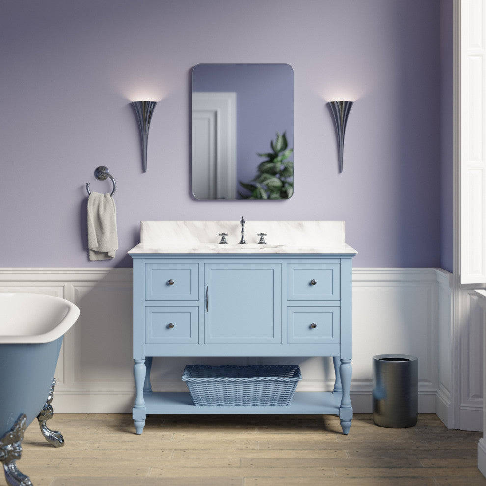 Beverly 42" Bathroom Vanity, Powder Blue, Carrara Marble