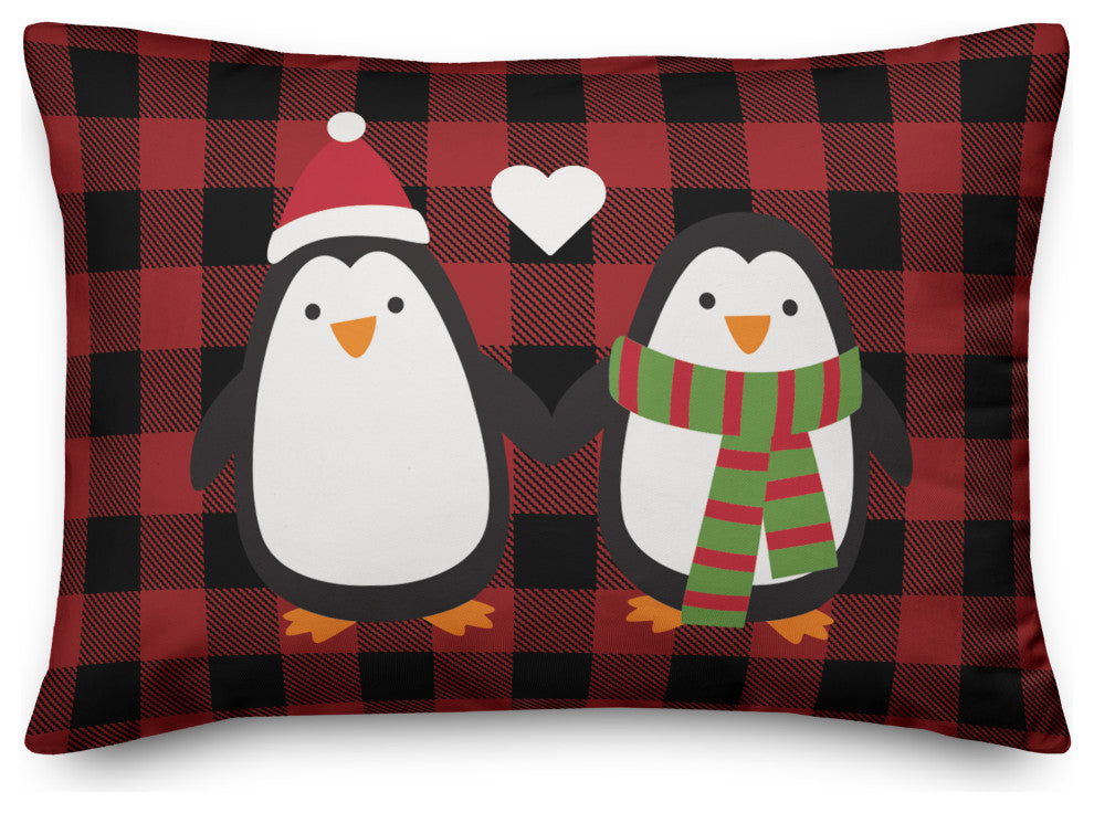 Plaid Penguin Love 14"x20" Throw Pillow Cover