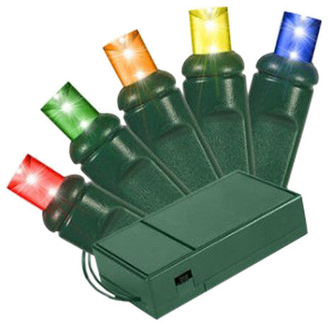 5Mm Conical Battery Operated Multi Colored LEDs 70 Count Light Set On Green Wire