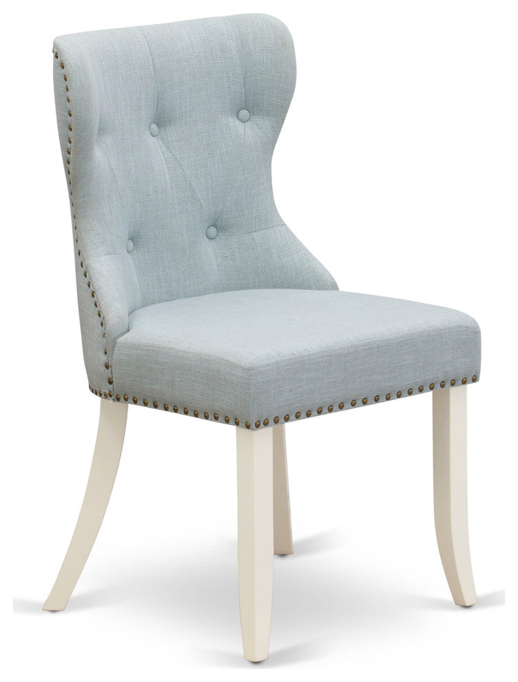 Set Of 2, Parson Dining Chairs, Linen White Solid Wood Structure, Baby Blue Seat