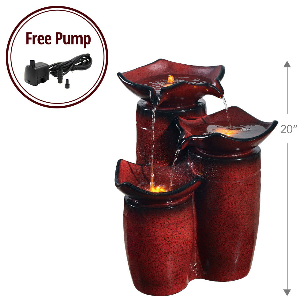 3-Tier Pot Floor Fountain with LED Lights Red