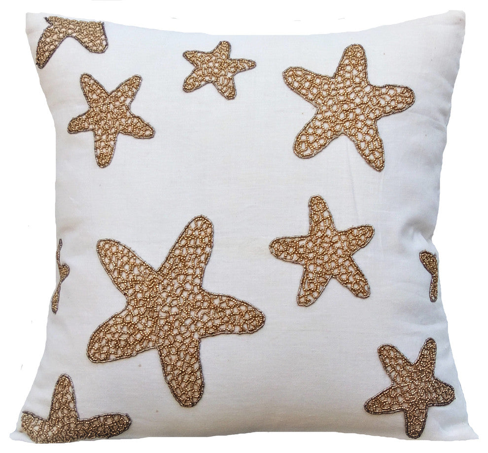 White Decorative Pillow Shams 24"x24" Cotton, Gold Starfish