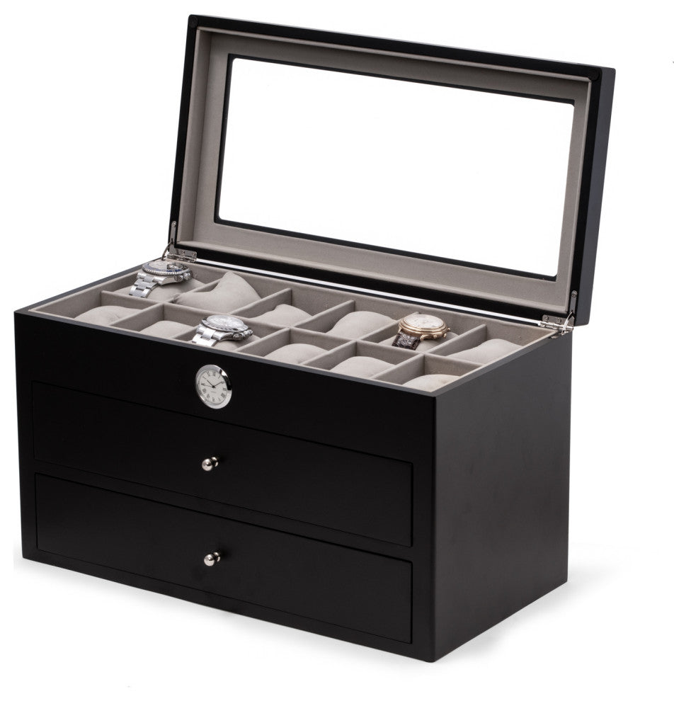 Black Wood 36 Watch Box, Quartz Movement Clock