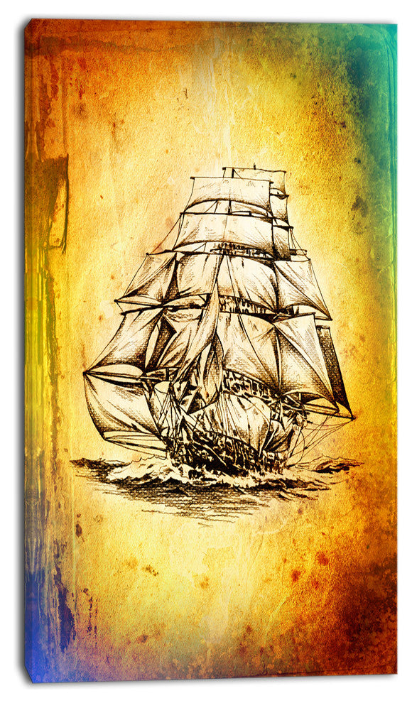 Colorful Old Moving Boat Drawing, Seashore Wall Art on Canvas, 20x40