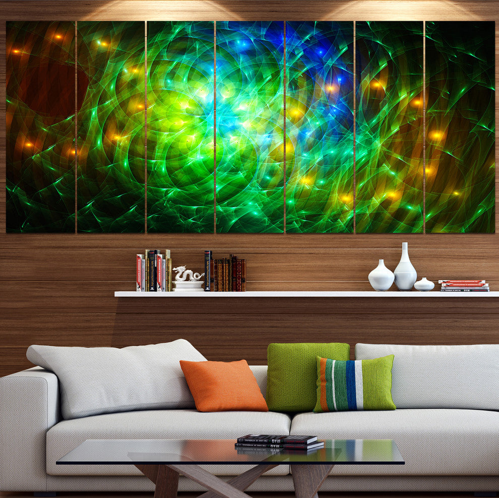 Green Fractal Symphony of Colors, Abstract Wall Art Canvas, 83"x32", 7 Panels