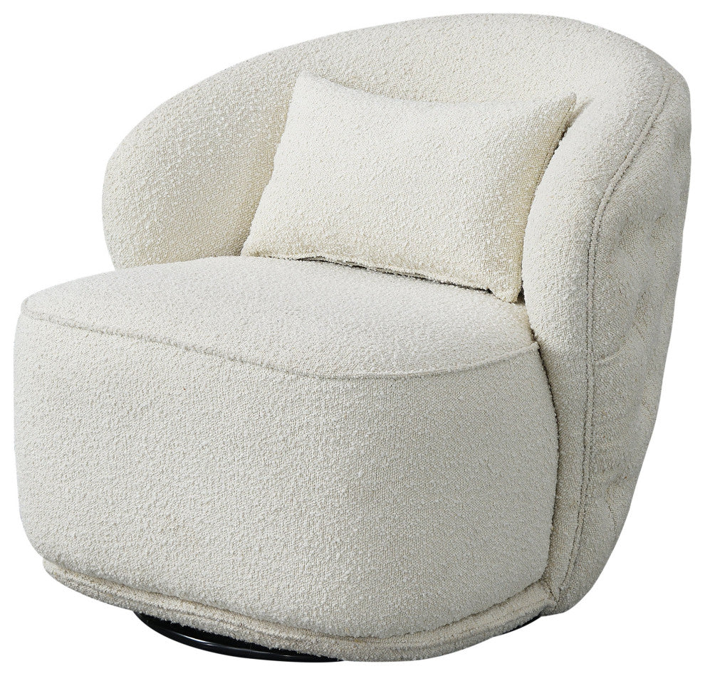 Upholstered Tufted Boucle Swivel Barrel Chair, Ivory, 30'''' H X 33'''' W X 30'''' D
