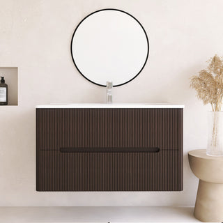 36 inch MDF Wall-Mounted Bathroom Vanity Set with Ceramic Integrated Sink, Dark Brown
