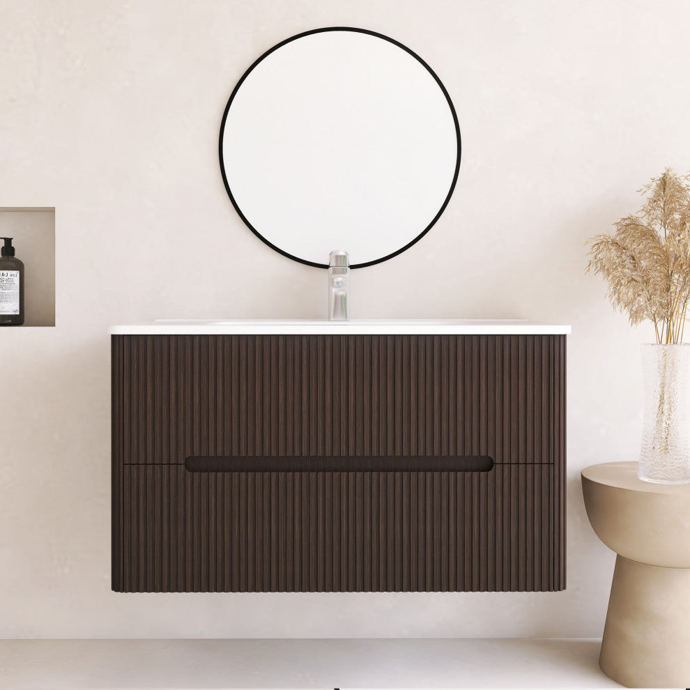 36 inch MDF Wall-Mounted Bathroom Vanity Set with Ceramic Integrated Sink, Dark Brown