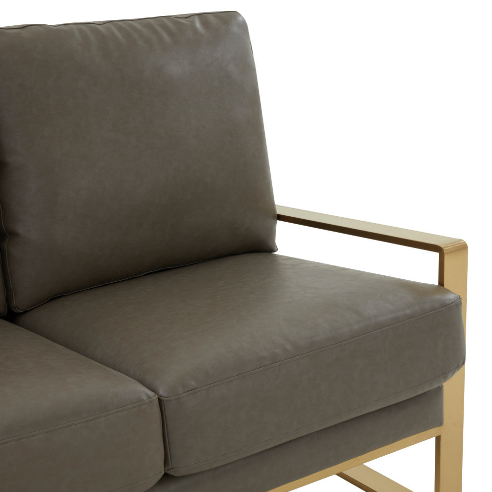 LeisureMod Jefferson Leather Modern Design Loveseat With Gold Frame, Gray