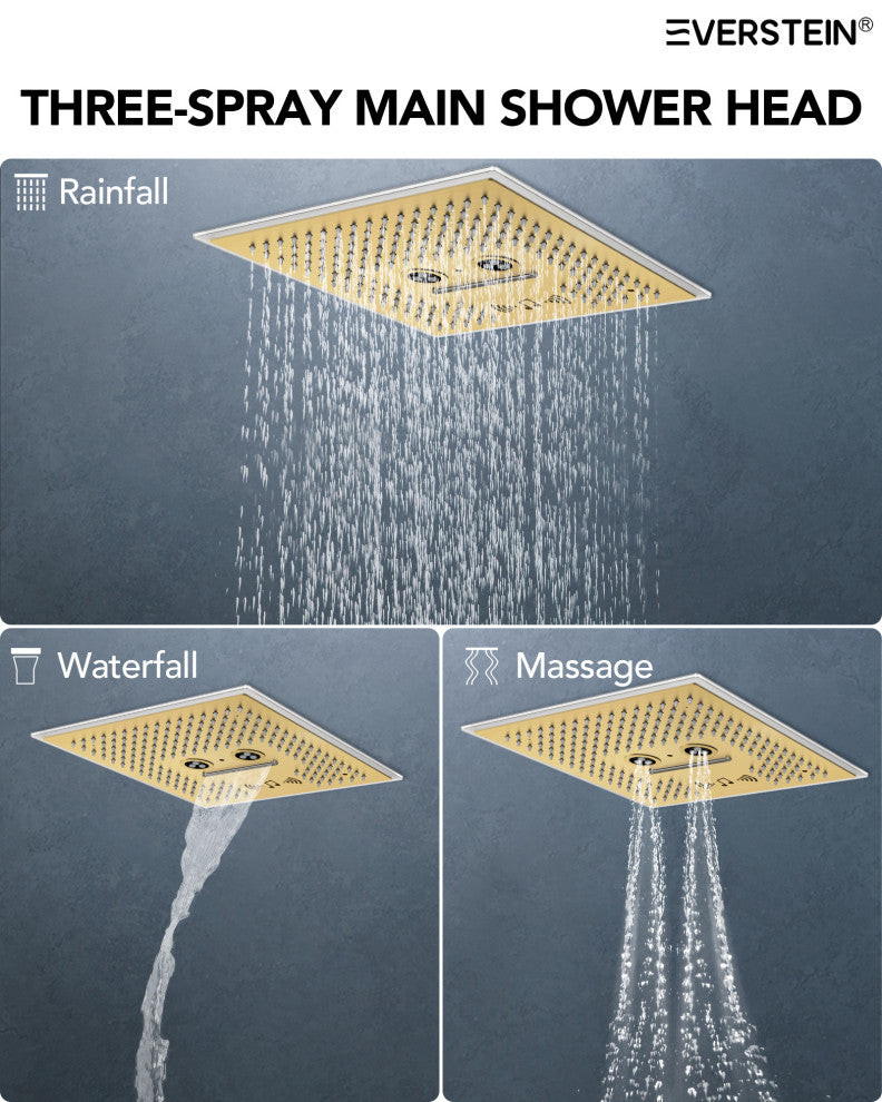Music Shower System 16x6"Rainfall LED Shower Head With4 Way Thermostatic Faucet, Brushed Gold