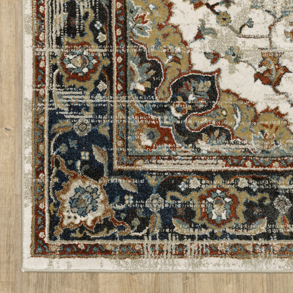 Vander Traditional Medallion Beige/Blue Power-Loomed Area Rug, 7'10"x10'