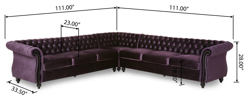 Annabelle 7 Seater Velvet Tufted Chesterfield Sectional, Blackberry, Dark Brown, Velvet