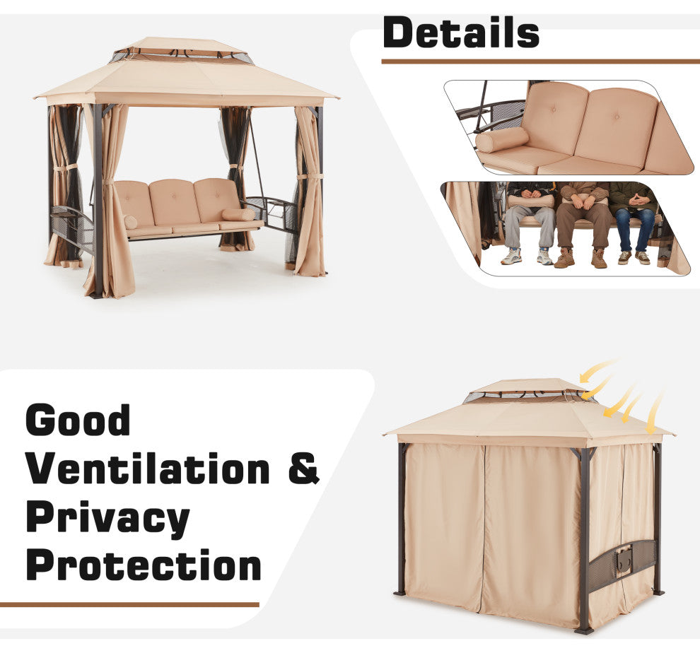 HOMREST 3-Seat Outdoor Porch Swing,Gazebo Swing with Double Tier Canopy(khaki)