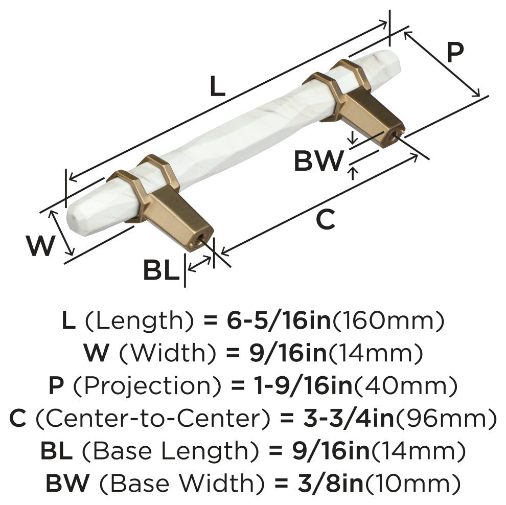Carrione Cabinet Pull, Marble White/Golden Champagne, 3-3/4" Center-to-Center