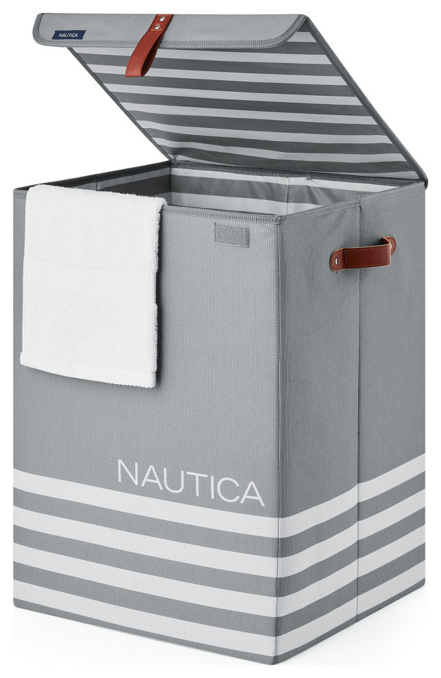 Nautica Folded Hamper with Lid, Gray Stripe