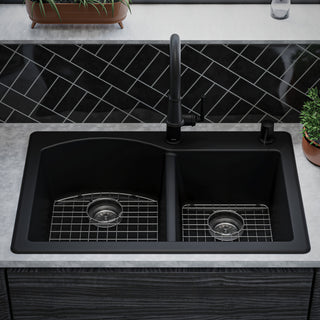 Karran Drop-In Quartz 33" 1-Hole 60/40 Double Bowl Sink Kit, Black