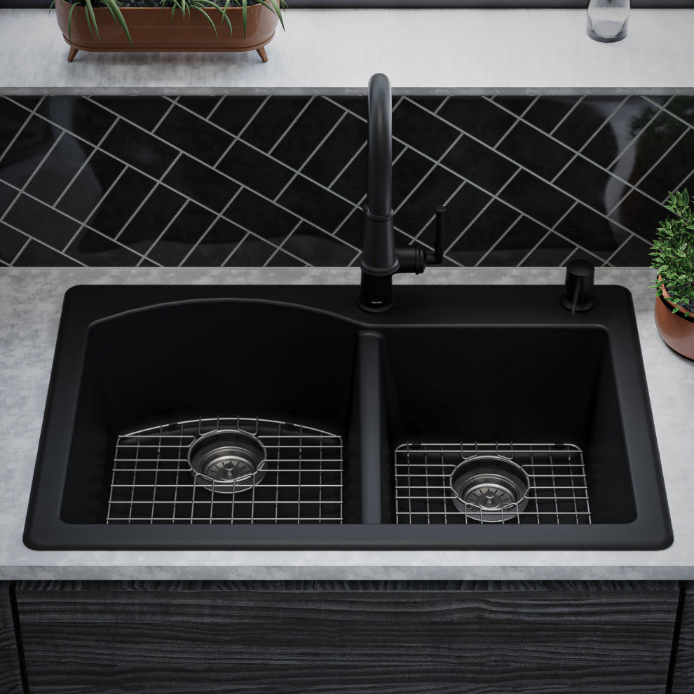 Karran Drop-In Quartz 33" 1-Hole 60/40 Double Bowl Sink Kit, Black