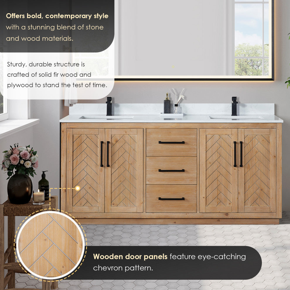 Anais Vanity Grain White Engineered Stone Countertop, Light Brown, 72", With Mirror