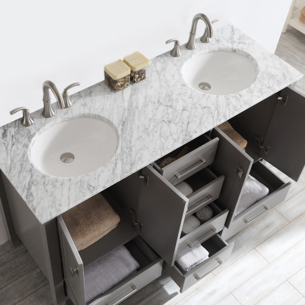 60" Double Vanity in Grey with Carrara White Marble Countertop Without Mirror