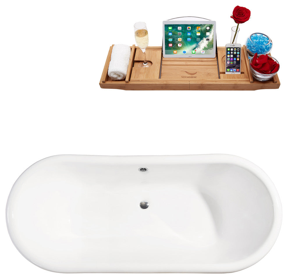 71" Cast Iron R5240WH-GLD Soaking Clawfoot Tub and Tray With External Drain