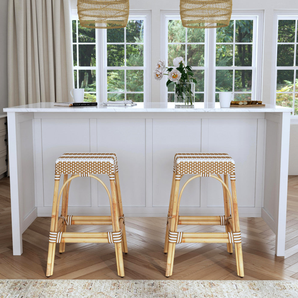 Tobias 30" Rectangular Rattan Barstool, Beige Stripe