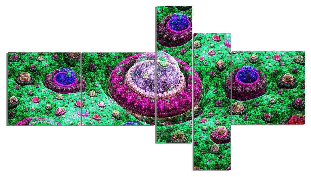 Green Fractal Exotic Planet, Abstract Canvas Art Print, 60"x32", 5 panels
