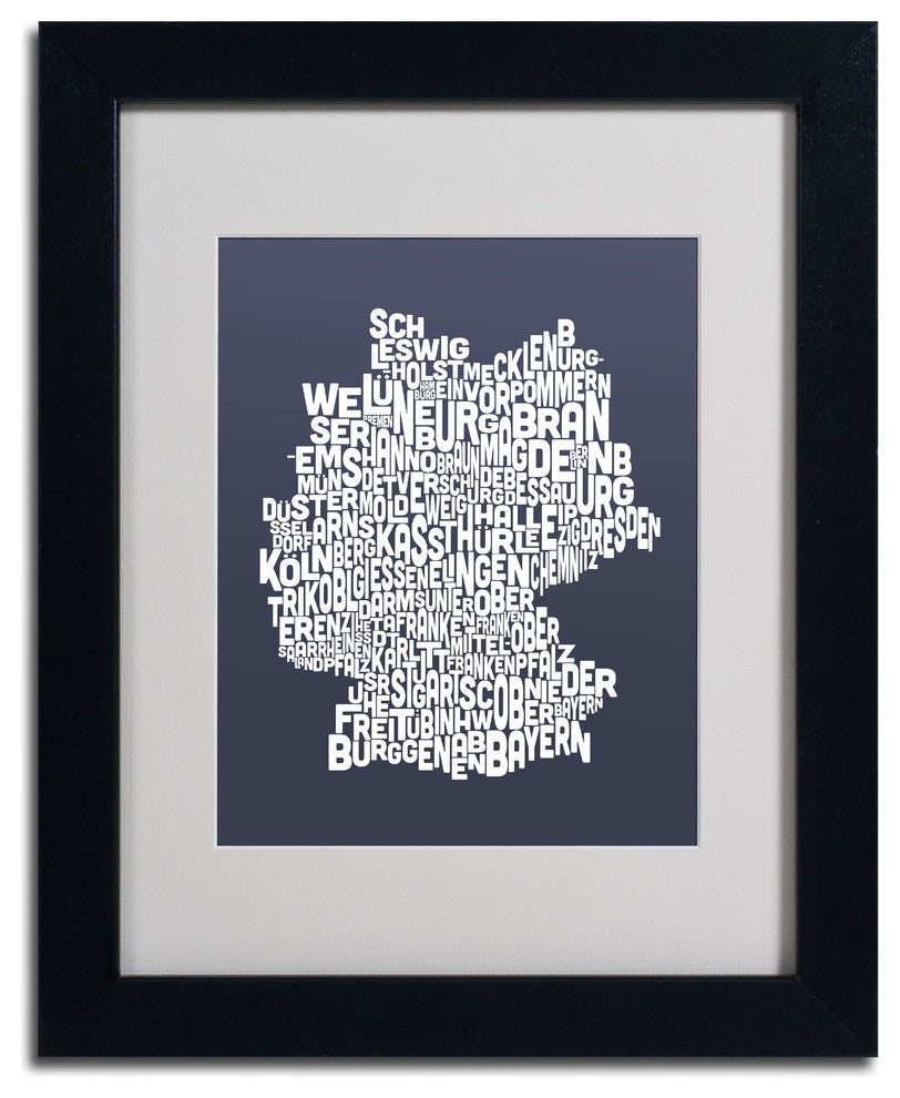 'Germany Regions Map - Slate' Matted Framed Canvas Art by Michael Tomp