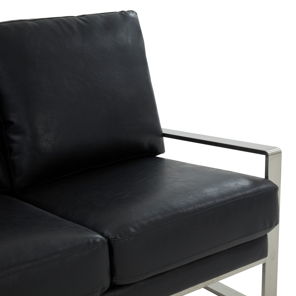 LeisureMod Jefferson Modern Faux Leather Loveseat With Silver Frame, Black