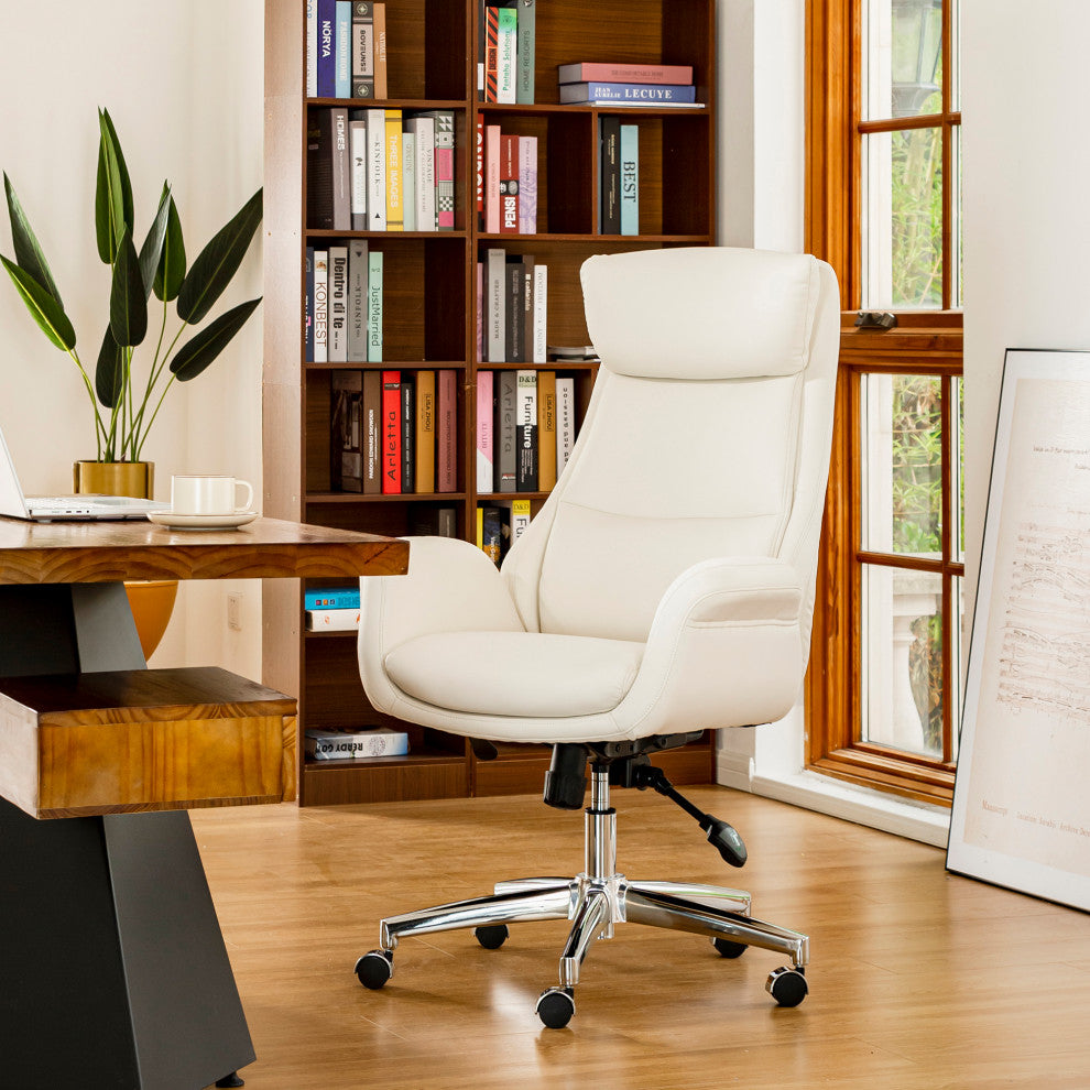 Mid-Century Leatherette Adjustable Swivel High Back Office Chair, Cream White