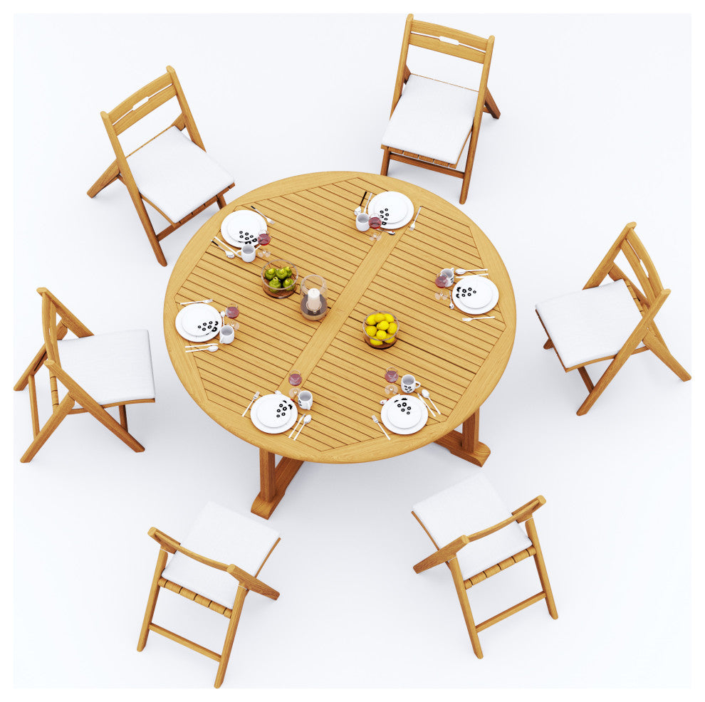 7-Piece Outdoor Teak Dining Set: 72" Round Table, 6 Surf Folding Arm Chairs