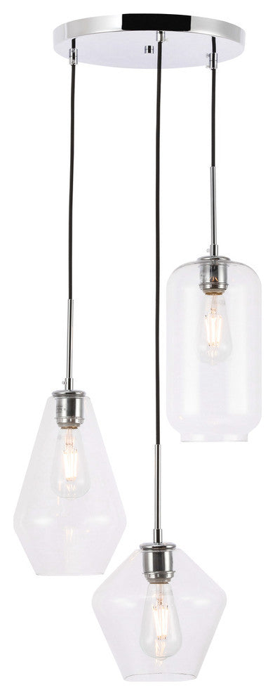 Living District Gene 3-Light Mid-Century Metal Pendant in Chrome and Clear