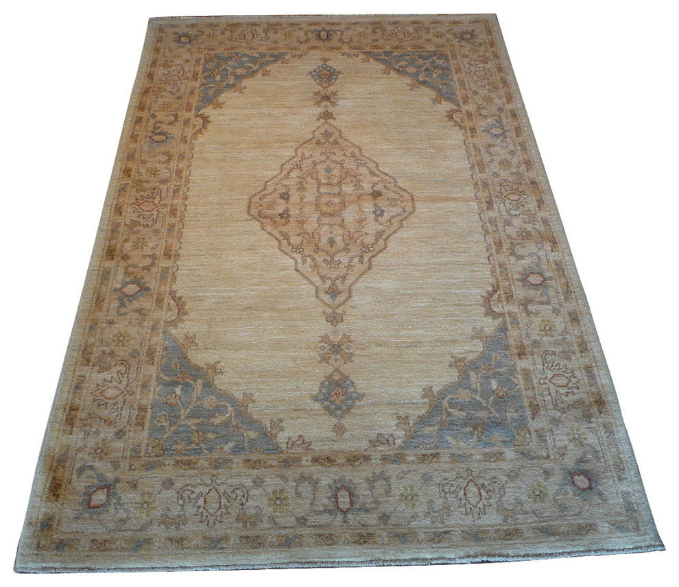 Hand-Knotted Ivory Peshawar Design Vegetable Dyes Oriental Rug, 4x6
